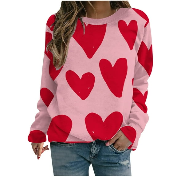 Virmaxy Womens Valentine'S Day Love Heart Graphic Long Sleeve Tops Loose Long Sleeve Round Neck Pullover Top T-Shirt Top Red-A Xs