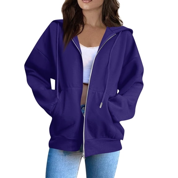 WTOBBY Women's Casual Solid Color Zip-Up Hooded Sweatshirt, Fashion Long Sleeve Sporty Jacket for Active Wear, Lightweight and Breathable Top for Running or Lounge,Dark Purple L