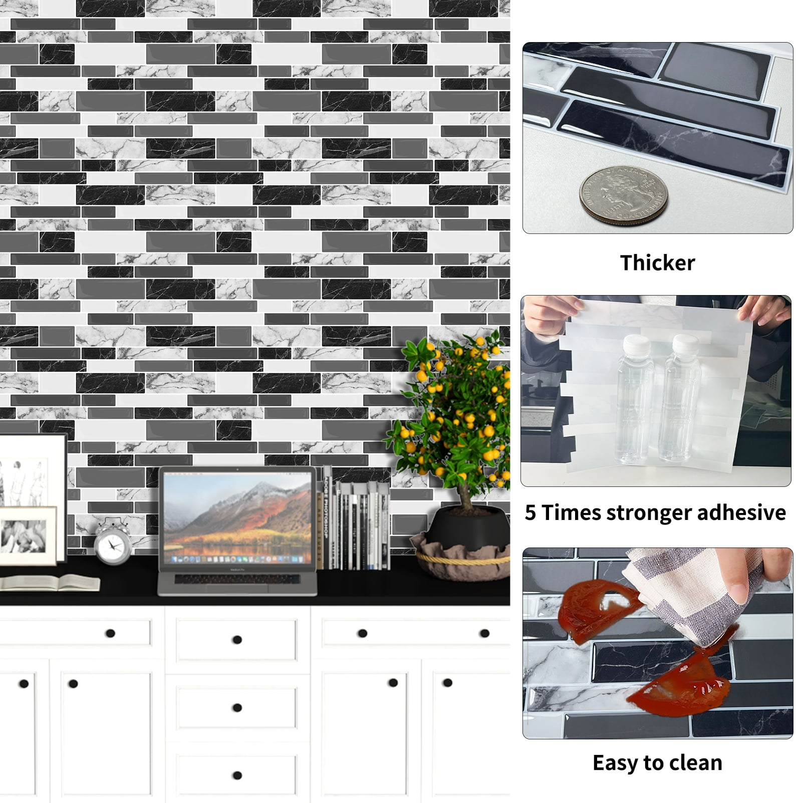 DEWOO 10 Sheets Peel and Stick Tile Backsplash, Stick on Wall Tiles, Self Adhesive Tile Sticker for Kitchen Backsplash and Bathroom(12"x12",Black Marble)