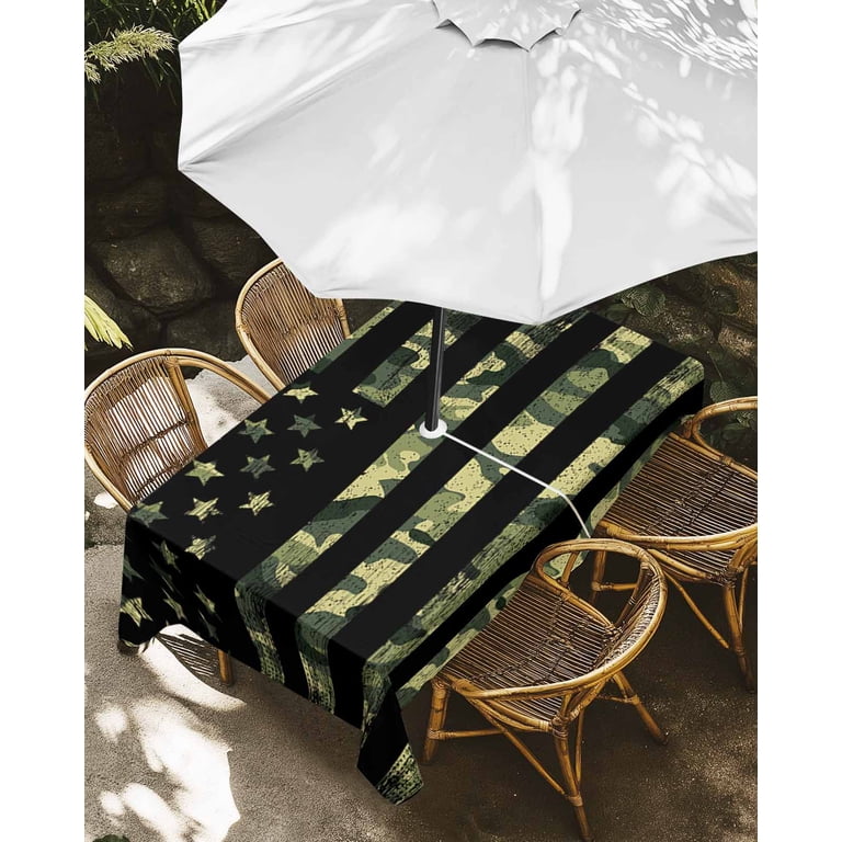 camo patio table umbrella Outdoor Tablecloth with Umbrella Hole, Green Camouflage American Flag  Spillproof Waterproof Outdoor Table Cover, Wooden Grain Patio Tablecloths  for