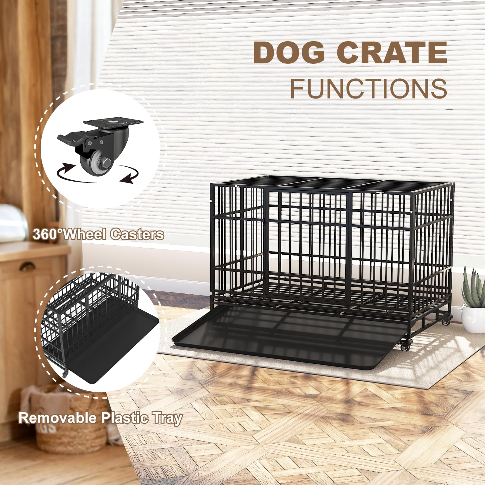 TIMHAKA 48 Inch Heavy Duty Steel Dog Crate with Wheels, Tray & Double Doors for Large Dogs