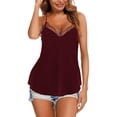 thumbnail image 3 of Deago Women's V Neck Sleeveless Lace Trim Spaghetti Strap Camisole Cami Tank Top Loose Blouse Shirts (Wine Red, M), 3 of 9