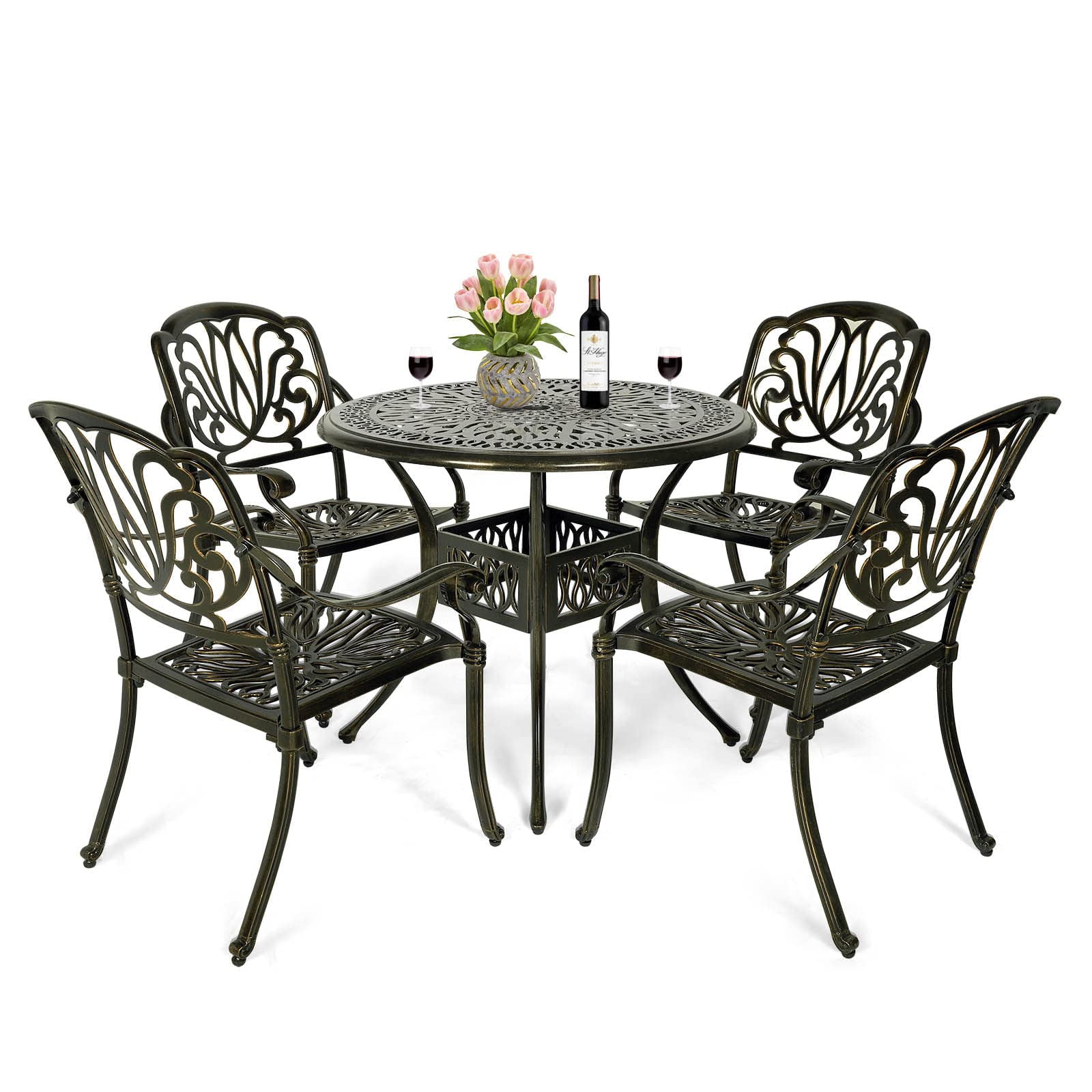 Black Round Cast Aluminum Dining Table for Backyard 36 Diameter and 30 Height Garden or Porch Giantex Patio Table with Umbrella Hole Outdoor Bistro Table 
