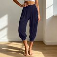 thumbnail image 2 of Arlun Women's Summer Tapered Leg Capri Pants Pleated Elastic High Waist Cropped Trousers Soft Comfortable Solid Color Harem Pant for Yoga Workout and Everyday Casual Wear 1-Dark Blue XL, 2 of 6
