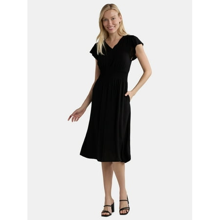 Time and Tru Women's and Women's Plus Smocked Waist Midi Dress with Short Sleeves, Sizes XS-4X