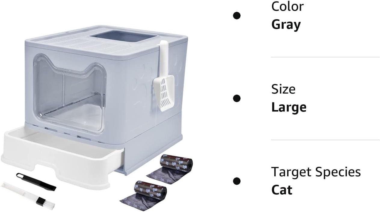 EAYSG Cat Litter Box Foldable Portable Cat Litter Pan with Lid,Top Entry Litter Box Large Covered Cat Litter Box for Travel with Cat Litter Scoop,Brush and Garbage Bag