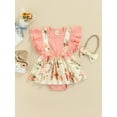 thumbnail image 3 of Infant Baby Girls Summer Romper, Ruffled Fly Sleeve Floral Printed Dress-Like Patchwork Bodysuit+Bow Headband, 3 of 9