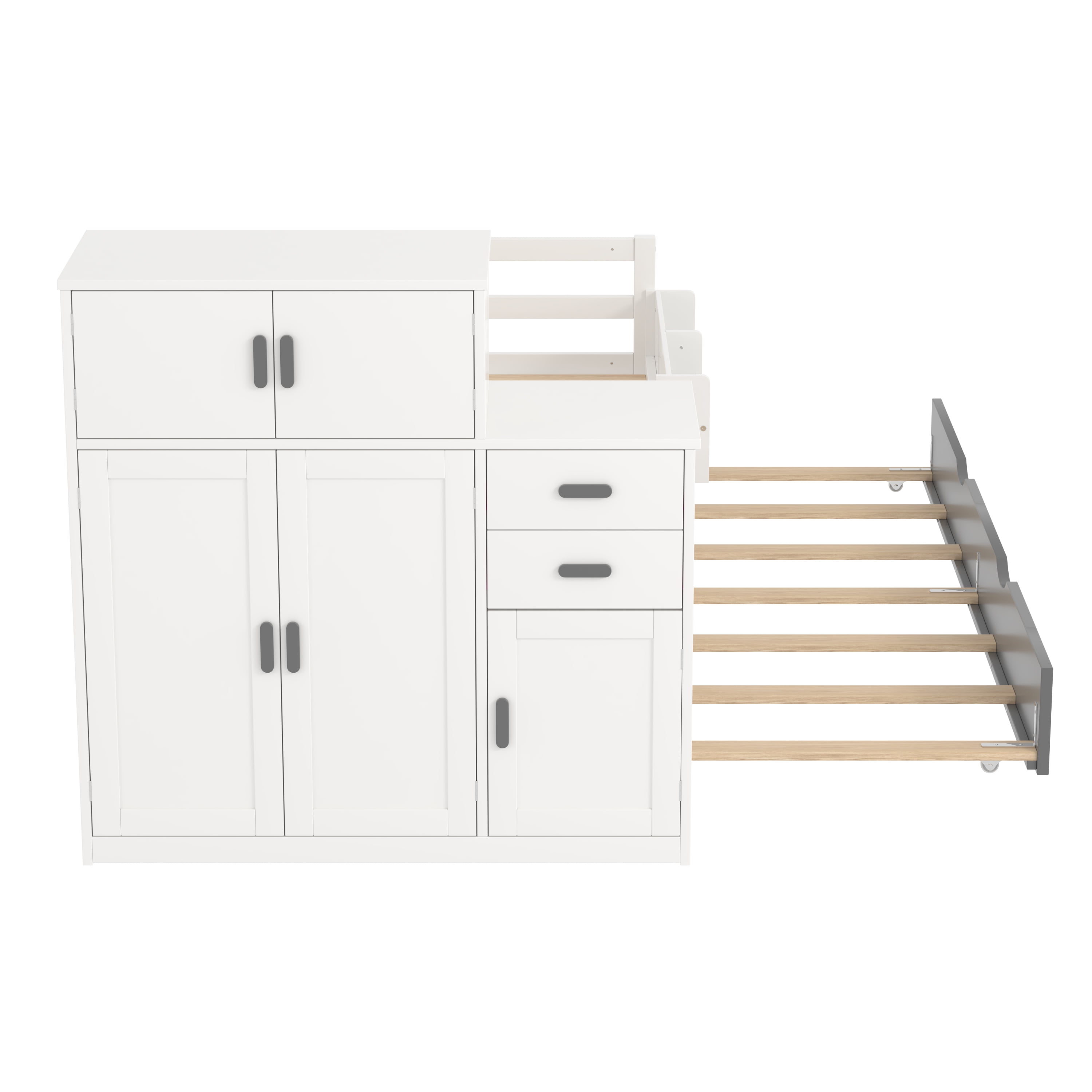 Euroco Wood Twin Size Daybed with Trundle, Storage Bed with Bookcase and Wardrobe, White