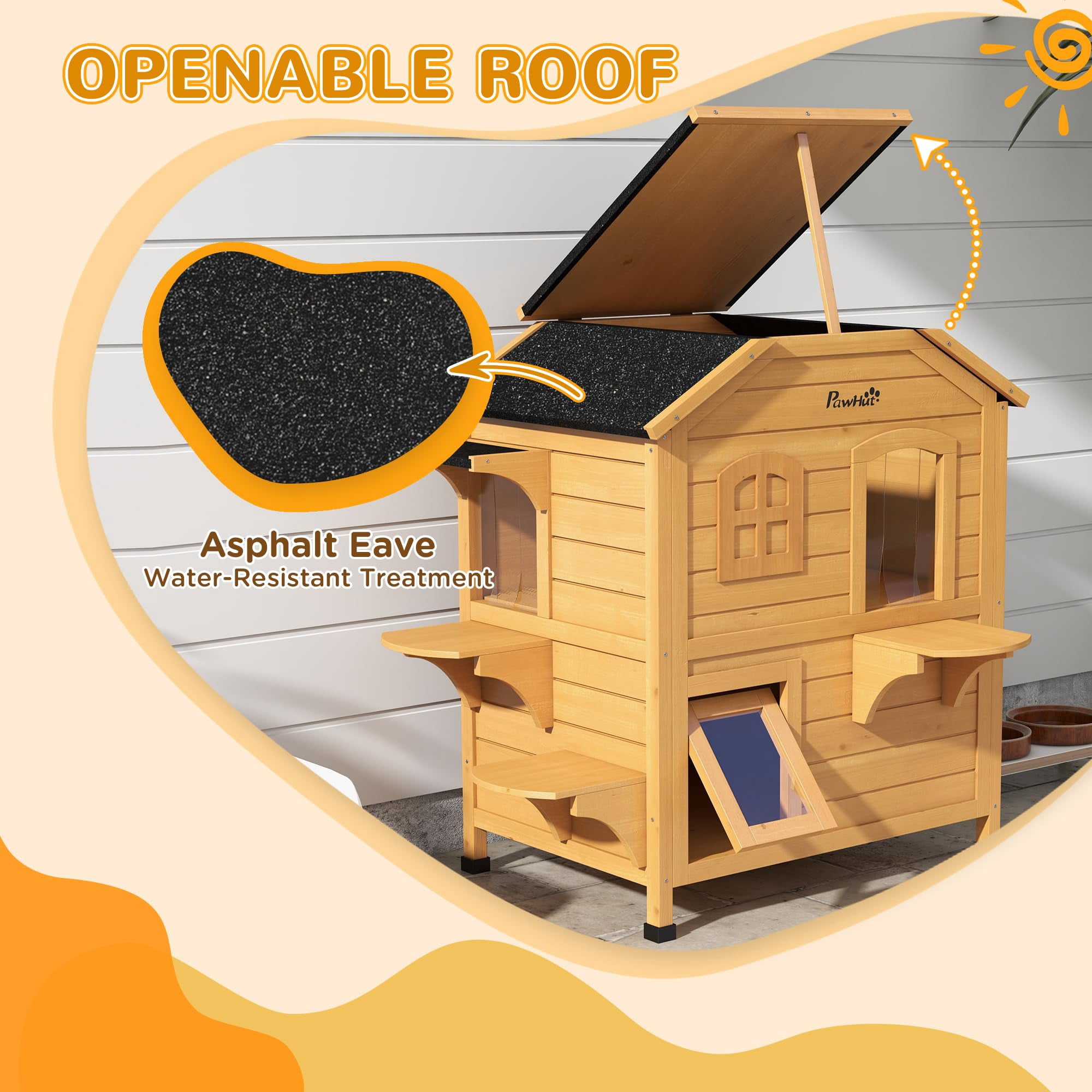 2 Story Outdoor Cat House for Feral Cats, Weatherproof Wooden Cat Enclosure with Escape Door, Openable Roof, Jumping Platforms, Natural Wood Color