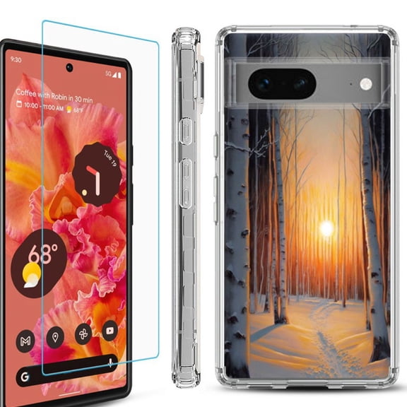 OneToughShield ® Compatible with Google Pixel 8, Shockproof Phone Case, with Tempered Glass Screen Protector - Snow Forest