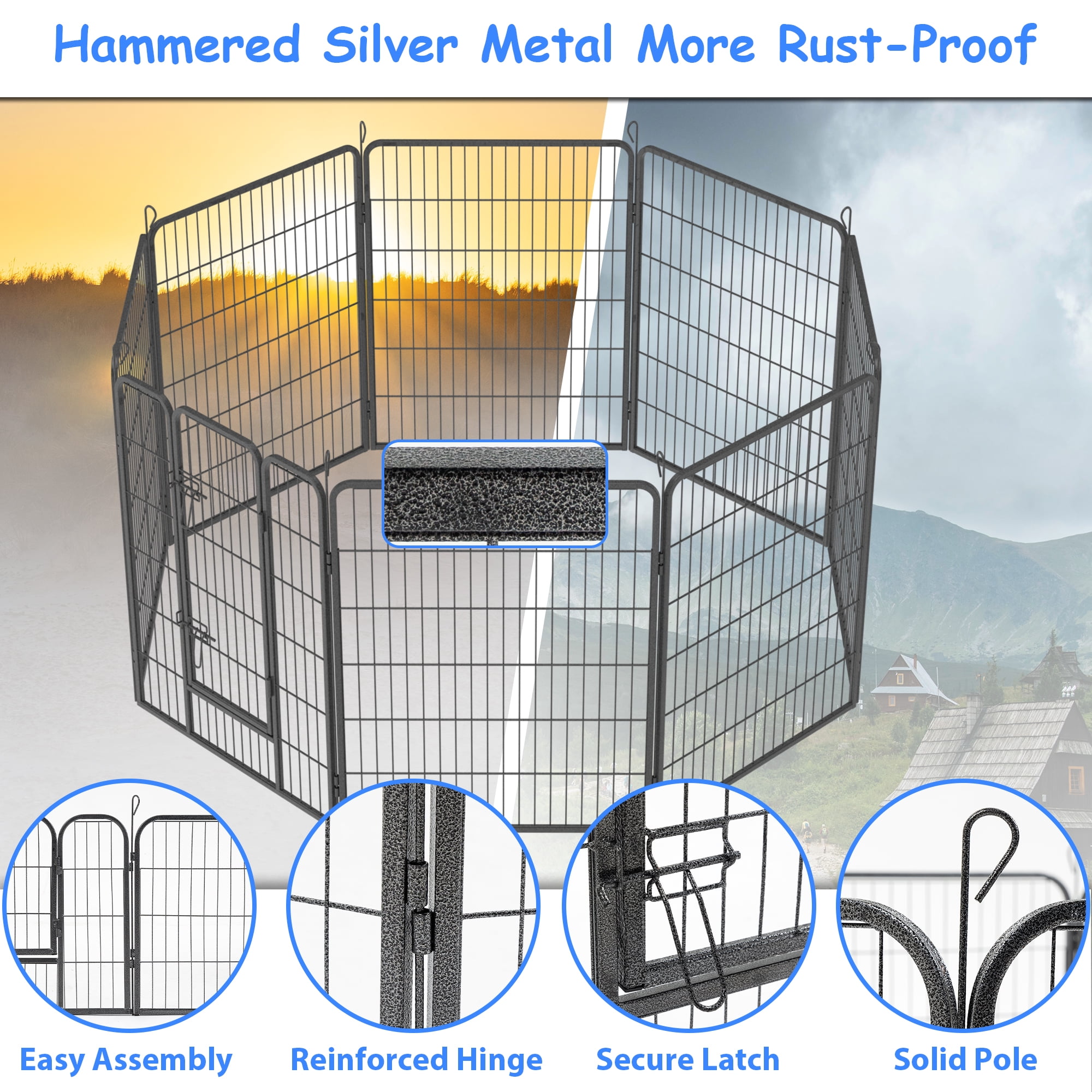 40" Outdoor Dog Fence Heavy Duty Dog Pens 8 Panels Temporary Pet Playpen with Doors Metal Exercise Pens Puppy Playpen