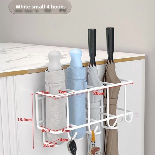 Wall-Mounted Home Umbrella Organizer: 4-Hook & 4-Hole White Storage Rack for Entryway, Compact Space-Saving Design, Durable Material for Efficient Umbrella and Essentials Storage, Keeps Entrance Tidy