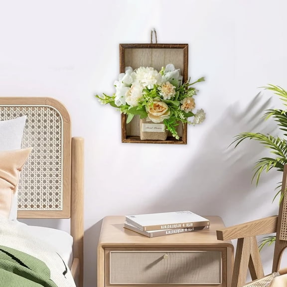 3D Wooden Wall Art Hanging Vases for Flowers - Wooden Frame Faux Pothos Hanging Plants,Rustic Wood Wall Decor with Hydrangea Flowers,Floral Wall Art for Home, Living Room & Bedroom Decoration