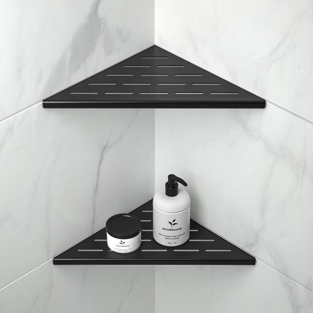 Bernkot Estante de ducha de esquina de 10.0 in, color negro mate, diseño de ranura de acero inoxidable 304, estantes de esquina empotrados, estante de ducha de baño para pared de azulejos, sin perfora
