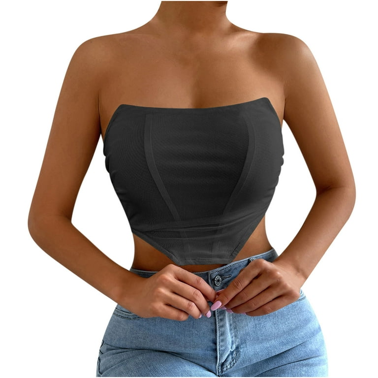 RQYYD Reduced Mesh Corset Crop Top Bustier Underbust Boned Backless  Sleeveless Strapless Tube Tops Off Shoulder Aesthetic for Women Y2K(Black,S)