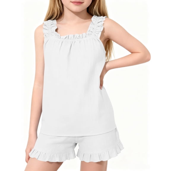 Xdegoge Girls Clothing 2 Piece Sets Sleeveless Crewneck Soft Camisole Top and Shorts Stylish Ruffle Trim Set Casual Cute Sweet Loungewear Size 5-16
