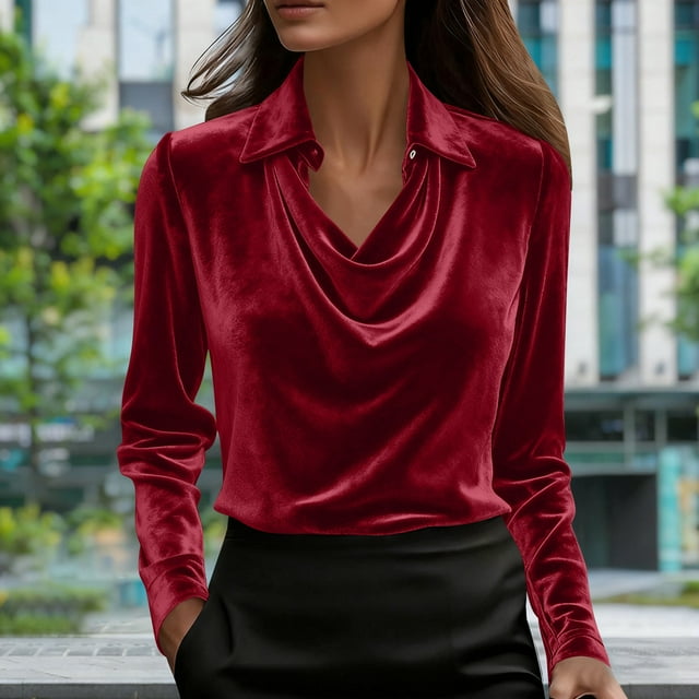 HongQid Blouse en Velours à Manches Longues pour Femmes, Col Bénitier, Drapée, Travail Bureau, Unie, Hauts pour Dames