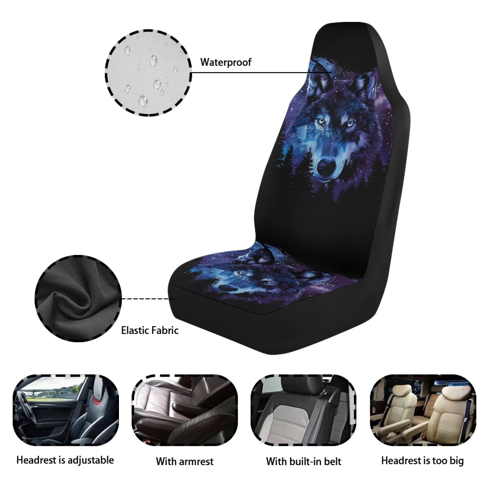 Yuyamidu Wolf Front Seat Covers for Cars Front Seats Only 2 Pack Car Seat Decor Galaxy Auto Seat Cover Sets Auto Accessories for Women Men