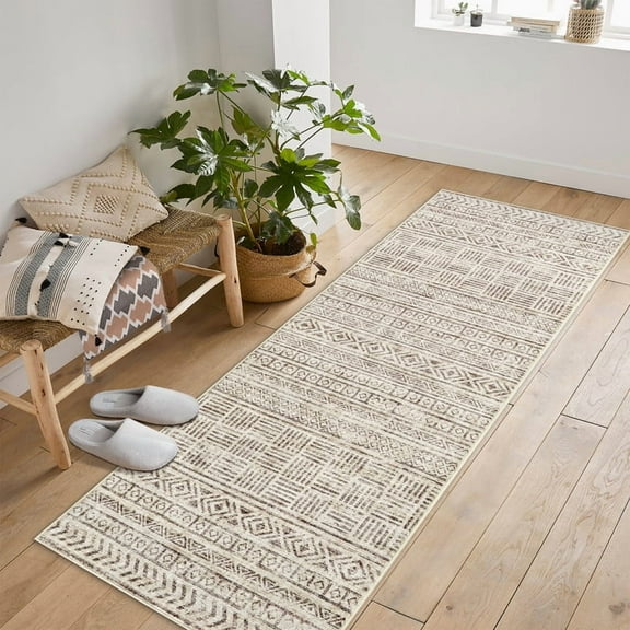 Runner 2'x6' Boho Textured Design for Living Room Non Slip Low-Pile Soft Tribal Print Bedroom Stain Resistant Playroom Carpet Office Beige
