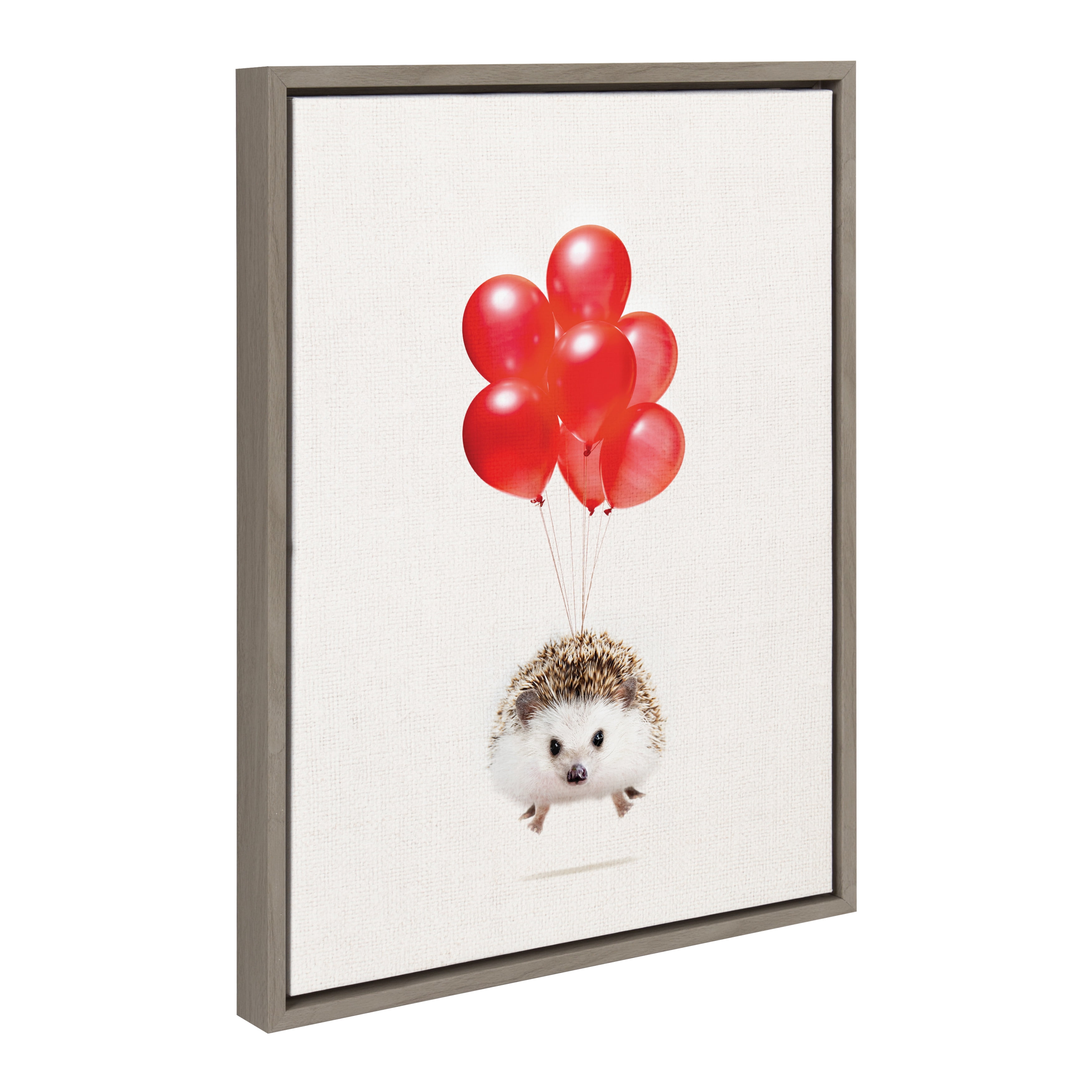 DesignOvation Sylvie Hedgehog Balloons Framed Canvas Wall Art By Amy Peterson, 18x24 Gray, Whimsical Home Decor