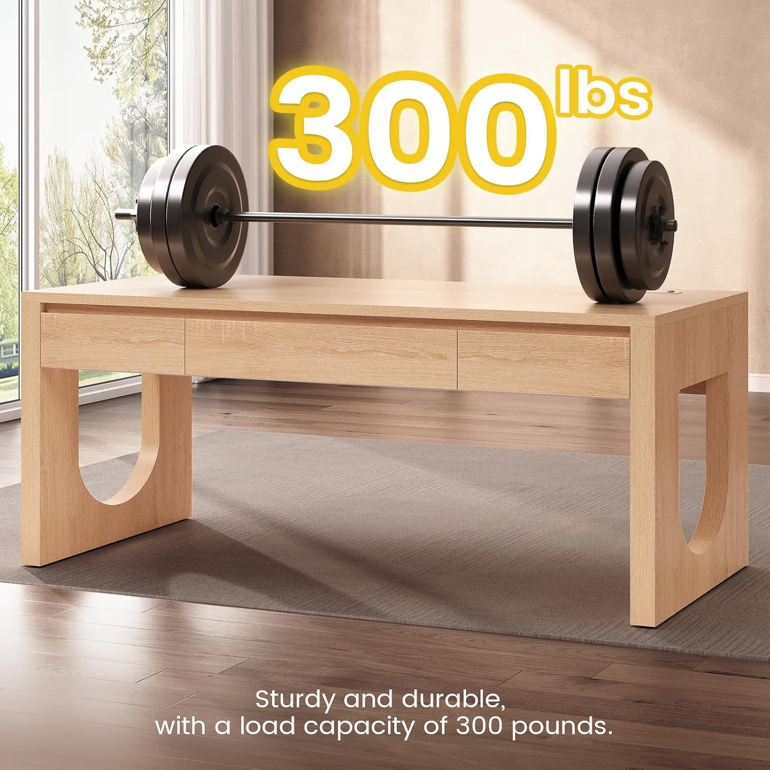 SEDETA Modern Office Desk with 3 Drawers, 55" Executive Desk with U-Shaped Legs, Wood Computer Desk with Power Outlet, Home Office Desks with Relief Texture, Natrual