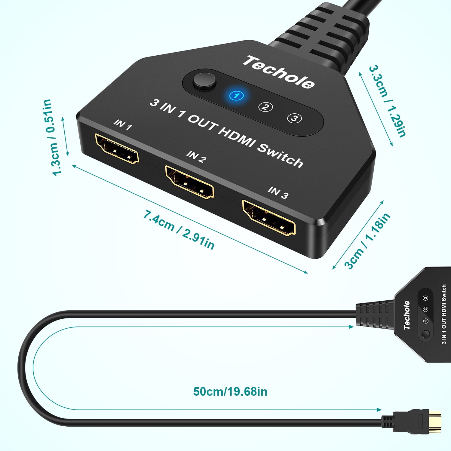 Techole 4K HDMI Switch - 3 In 1 Out with HDMI Cable - 3-Port HDMI