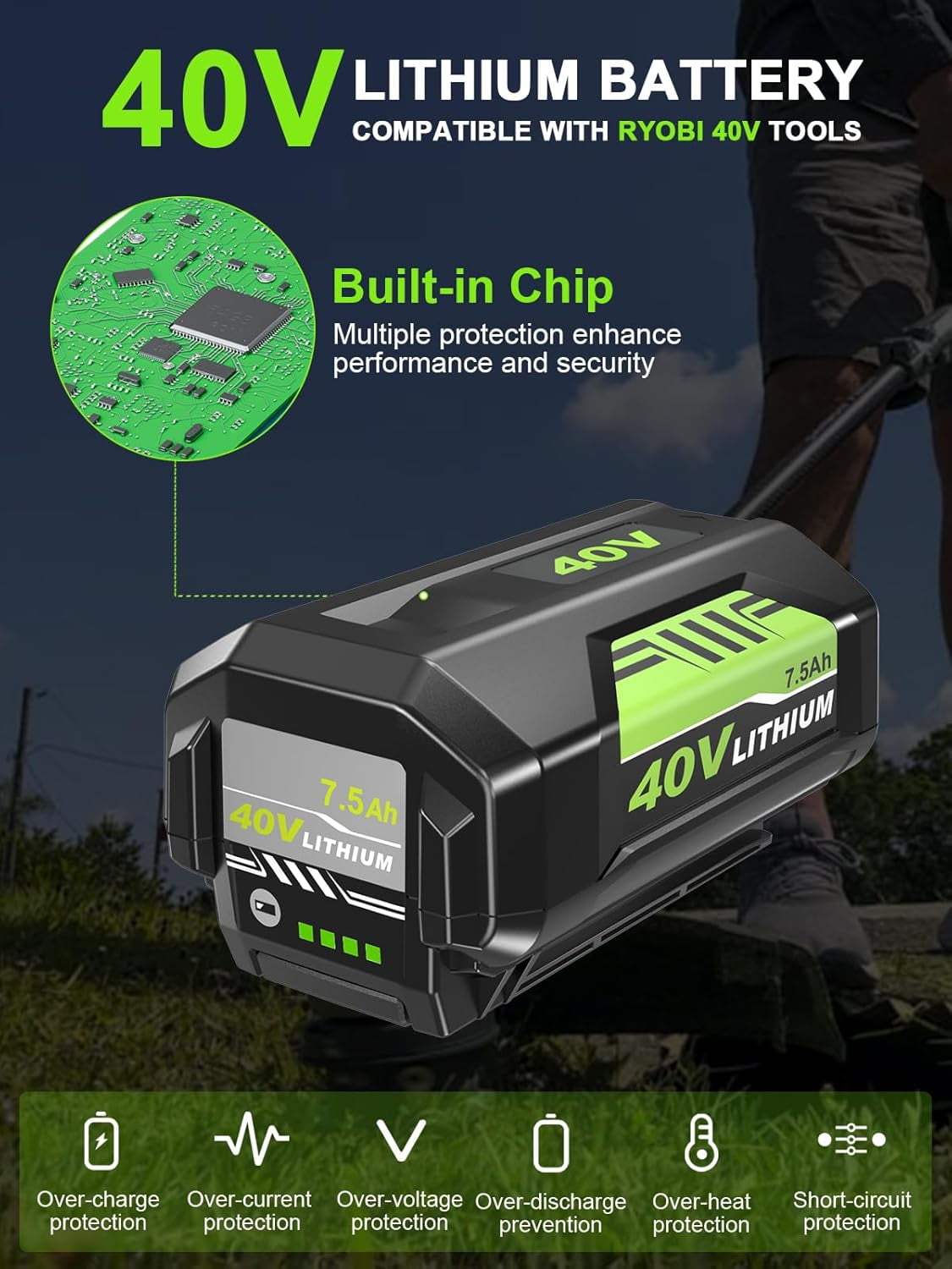 2Pack Upgraded 7500mAh OP4026A Battery Replacement for Ryobi 40v 7.5Ah Lithium OP40601 OP4050A OP4040 OP4075A Compatible with Batteries 40V Power Tools