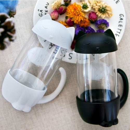 Details about  / Cute Cat and Dog Glass Tea Mugs With Fish Infuser Strainer Filter Novelty Gifts