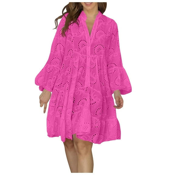 Milkmaid Dress Women, Eyelet Casual V Neck Ruffle 3/4 Sleeve With Button Hollow Out Elegant Wedding Guest Dresses Tropical For Women Bodycon Dresses Sexy Casual Clothes (L, Hot Pink) ZMTing