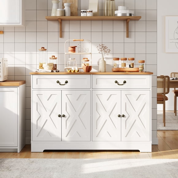 EDTara Farmhouse Buffet Cabinet, 2-Door Coffee Bar With Drawer, Adjustable Shelf, and 150lb Weight Capacity
