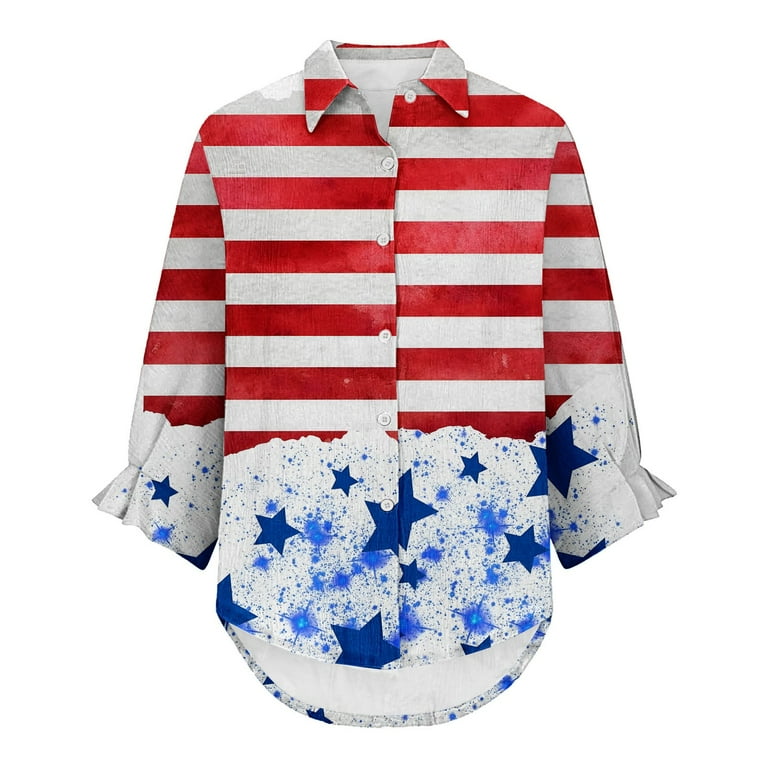Women's American Flag Shirt - Patriotic Hawaii Floral Button Down Blouse