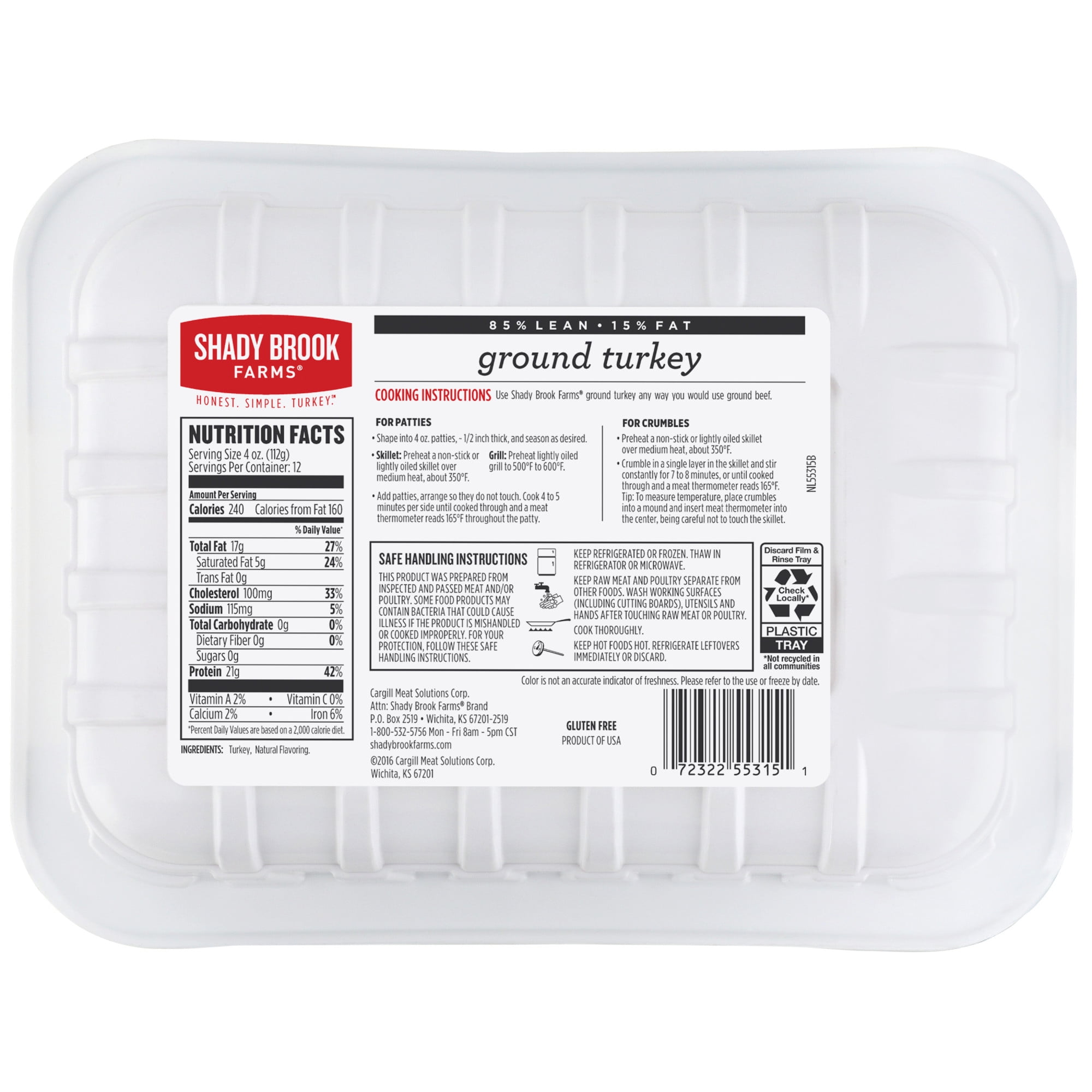 Shady Brook Farms Ground Turkey 85/15% Tray, 3 Pounds, 21 Grams of Protein