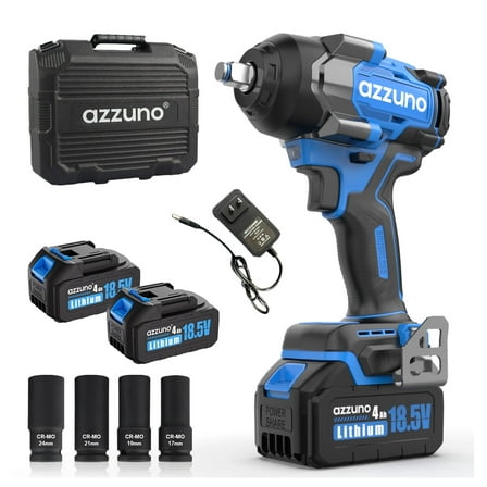 AZZUNO Impact Wrench Max 737 Ft-lbs(1000N.m) 1/2 inch Brushless High Torque Electric Impact Wrench, Powerful Cordless Impact Driver with 2x4Ah Batteries