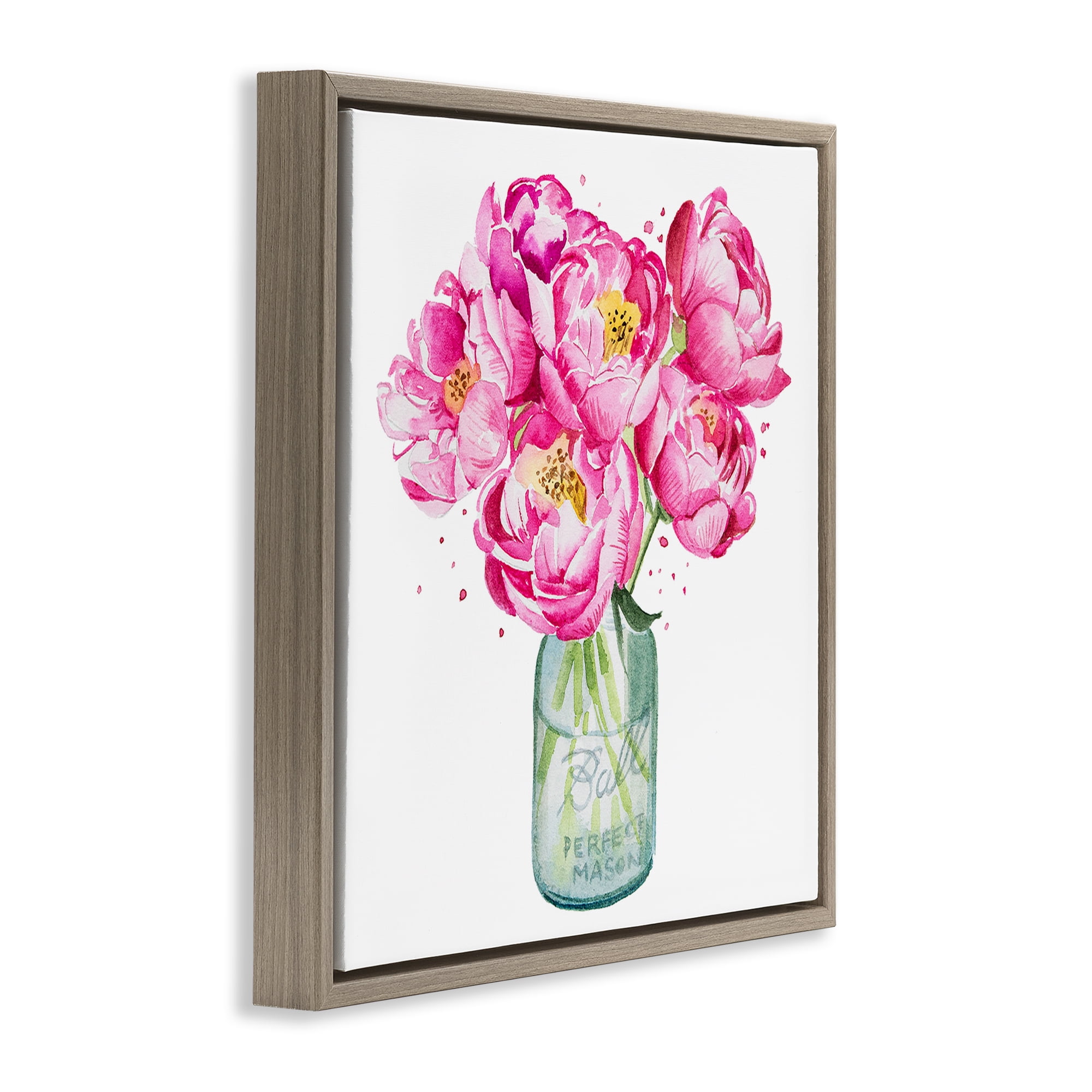 Stupell Industries Pink Peony Jar Botanical & Floral Painting Brown Floater Framed Art Print Wall Art, 18 x 18