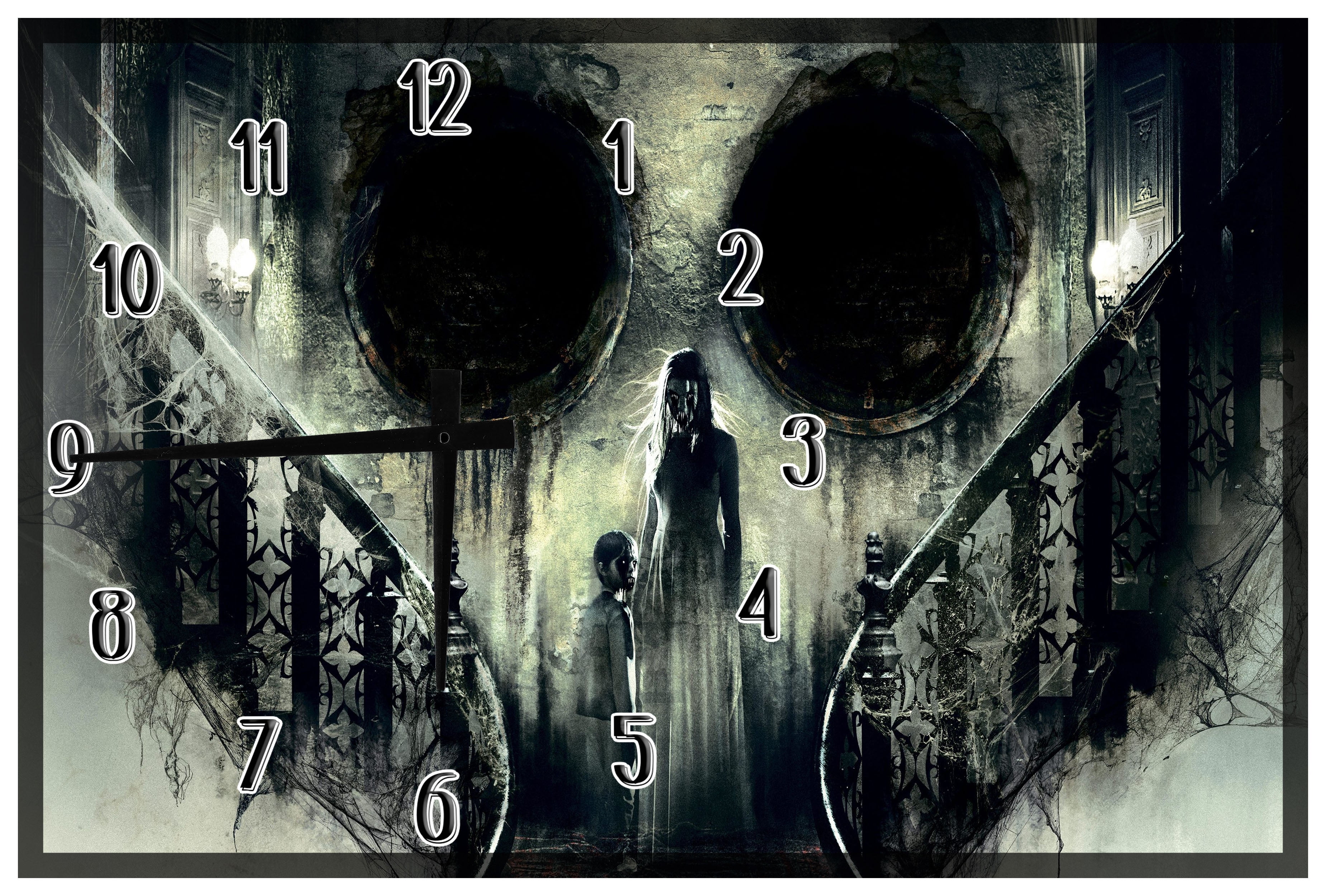 Wood Wall Art Clock Horror Movie Black and White Skull Mother Child