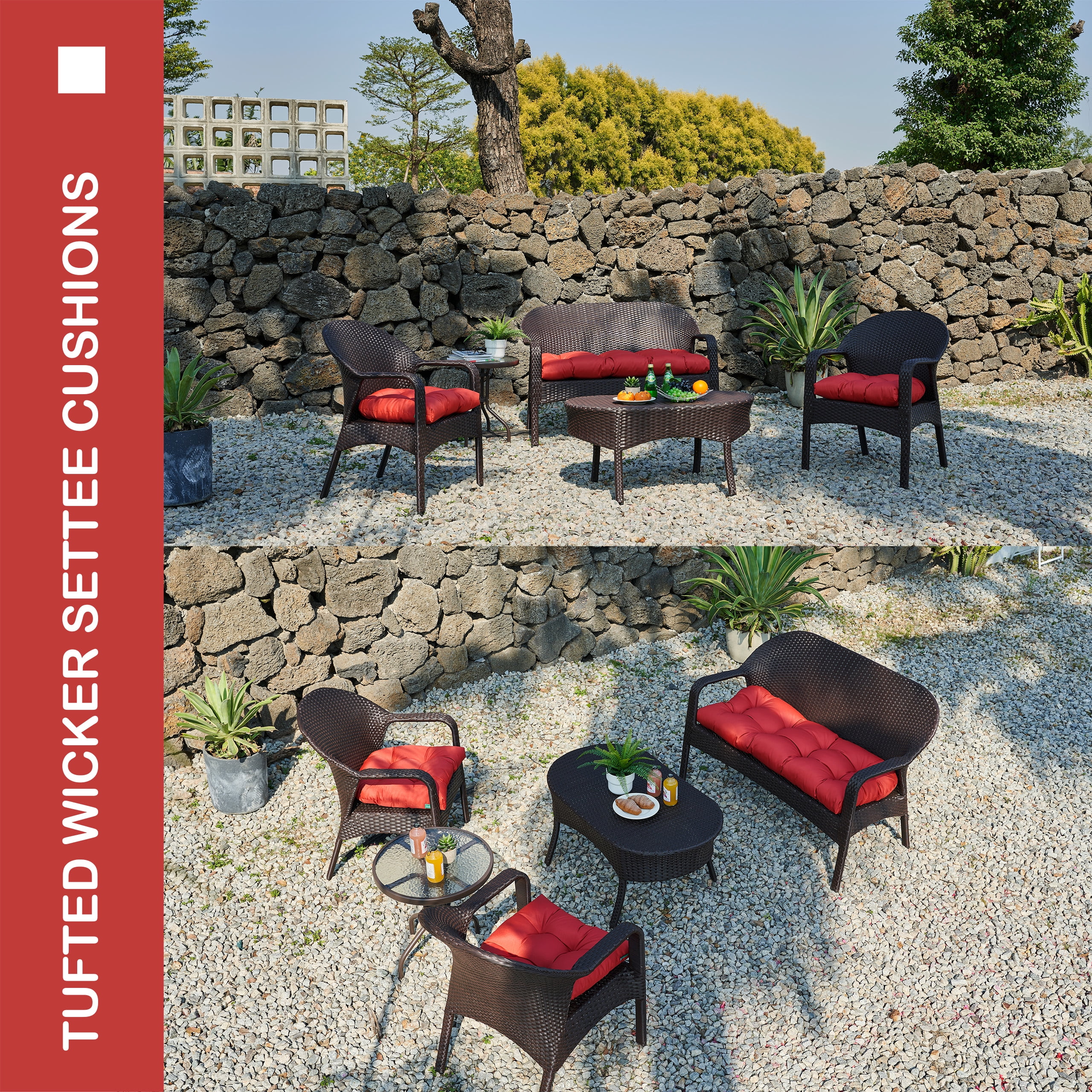 YOOZEKU Outdoor Tufted Wicker Chair Cushions of 3 Pieces, 1 Loveseat and 2 U-Shape All Weather Waterproof Patio Seat Cushions for Wicker Furniture,Bench, Red