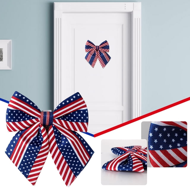 Bow Wreath Independence Day Door Decoration, Commemorative Tree Top Bow, Front Door Supplies, Festive Holiday Home Decor, Patriotic Theme Supplies, 2-Tier Metal Frame Design, for Office Use