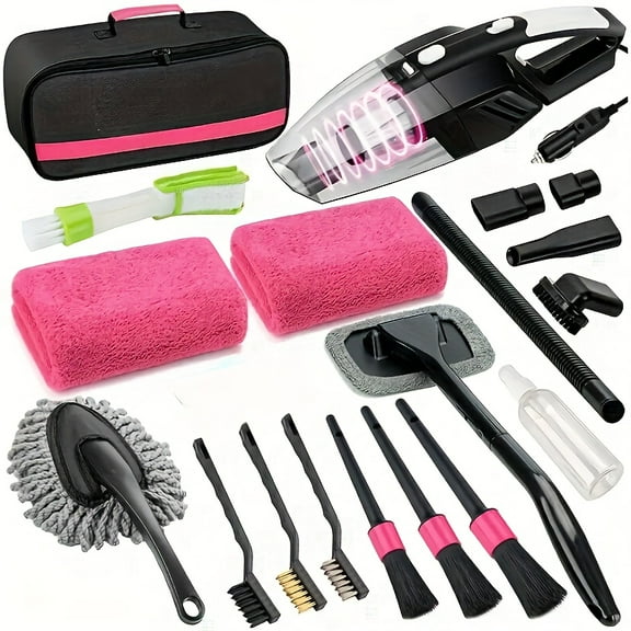 19pcs/41pcs Car Cleaning Wash Kit Interior Detailing Cleaner Kit with High Power Handheld Vacuum, Collapsible Bucket, Windshield Tool, Gel, Snow Shovel, Tire Brush, Complete Car Care Tools, Black