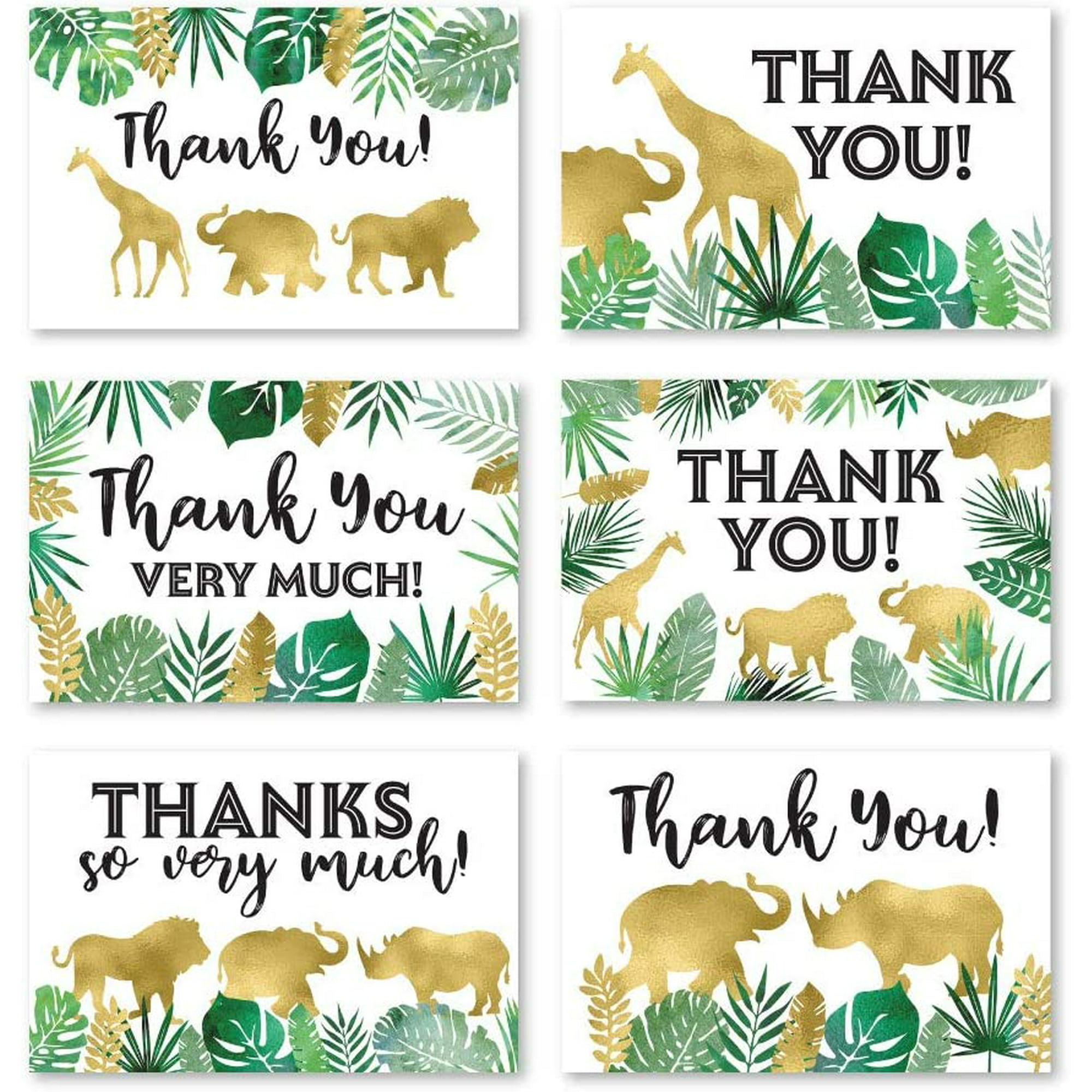 24 Safari Thank You Cards with Envelopes, Kids or Baby Shower Thank You  Note, Jungle Greenery Gold 4x6 Varied Zoo Animal Giraffe Gratitude Card  Pack for Party, Girl Boy Children Birthday Stationery |