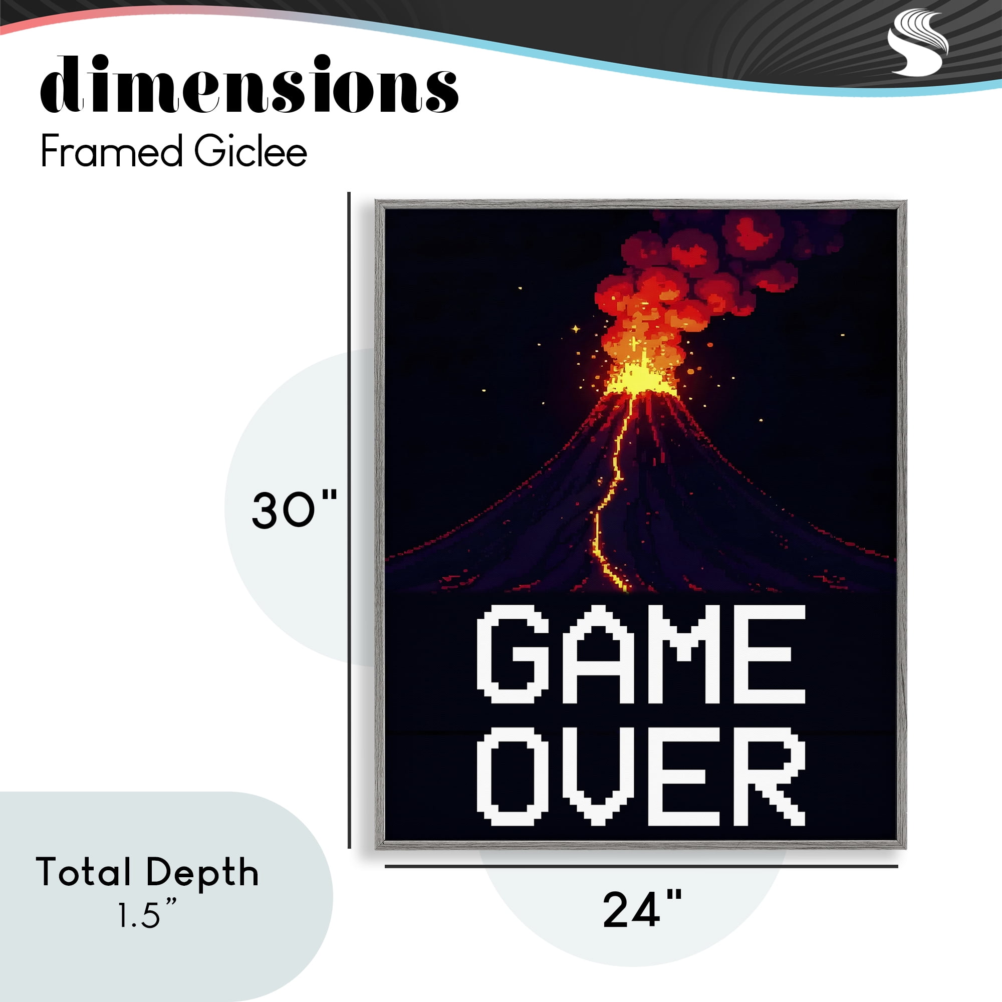 Pixel Volcano Game Over Gray Framed Giclee Art, design by Kim Allen