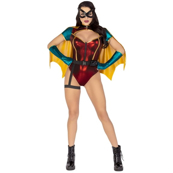 Leg Avenue Women's 5 Pc Sultry Sidekick Costume with Zip Up Bodysuit, Detachable Cape, Belt With Attached Garter, Gloves, Face Mask