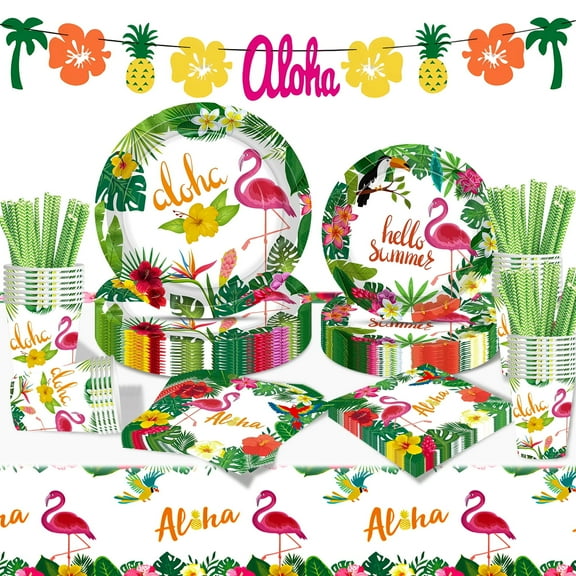 Crusward Hawaiian Party Supplies, 102PCS Hawaiian Tropical Flowers Tableware Set With Aloha Paper Plates Napkins Cups Tablecloth For Hawaii Luau Beach Summer Party Decorations