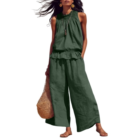 Womens Summer Cotton Linen 2 Piece Outfits Sleeveless Ruffle Top Wide Leg Pants Beach Vacation Lounge Sets