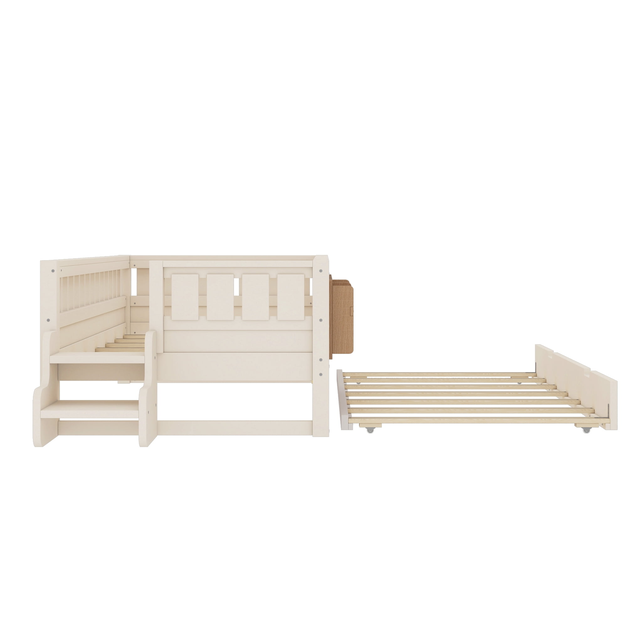 Twin Bed with Bookshelf and Trundle 79.1 Inch, Solid Wood Frame with Staircase and Safety Rails, Space-Saving Kids Bed with Storage, Beige