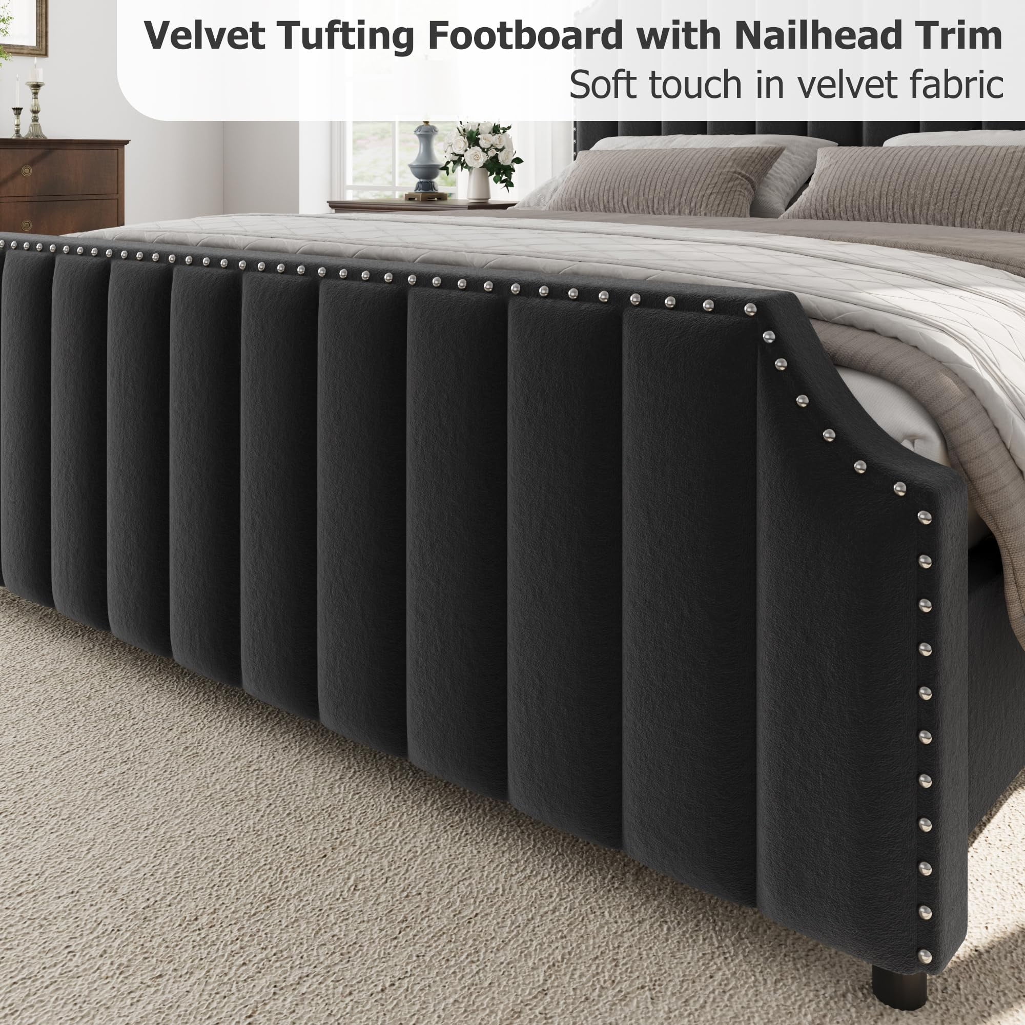 Huisuilinss Queen Bed Frame,Upholstered Platform Bed Frame,Velvet King Size Bed Frame With Nailhead Trim Headboard & Footboard,No Box Spring Needed,Noise Free,Wooden Slats