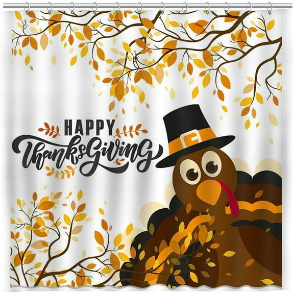 Thanksgiving Shower Curtain Cartoon Turkey and Autumn Leaves Fall Holiday Shower Curtain Bathroom Bathtub Curtain 72x72 Inch with 12 Hooks