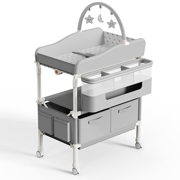 EAYSG Baby Changing Table, Mobile Folding Diaper Changing Station,Adjustable Height, Waterproof Surface, 2 Storage Drawers, Rolling Baby Nursery Organizer for Infant and Newborn