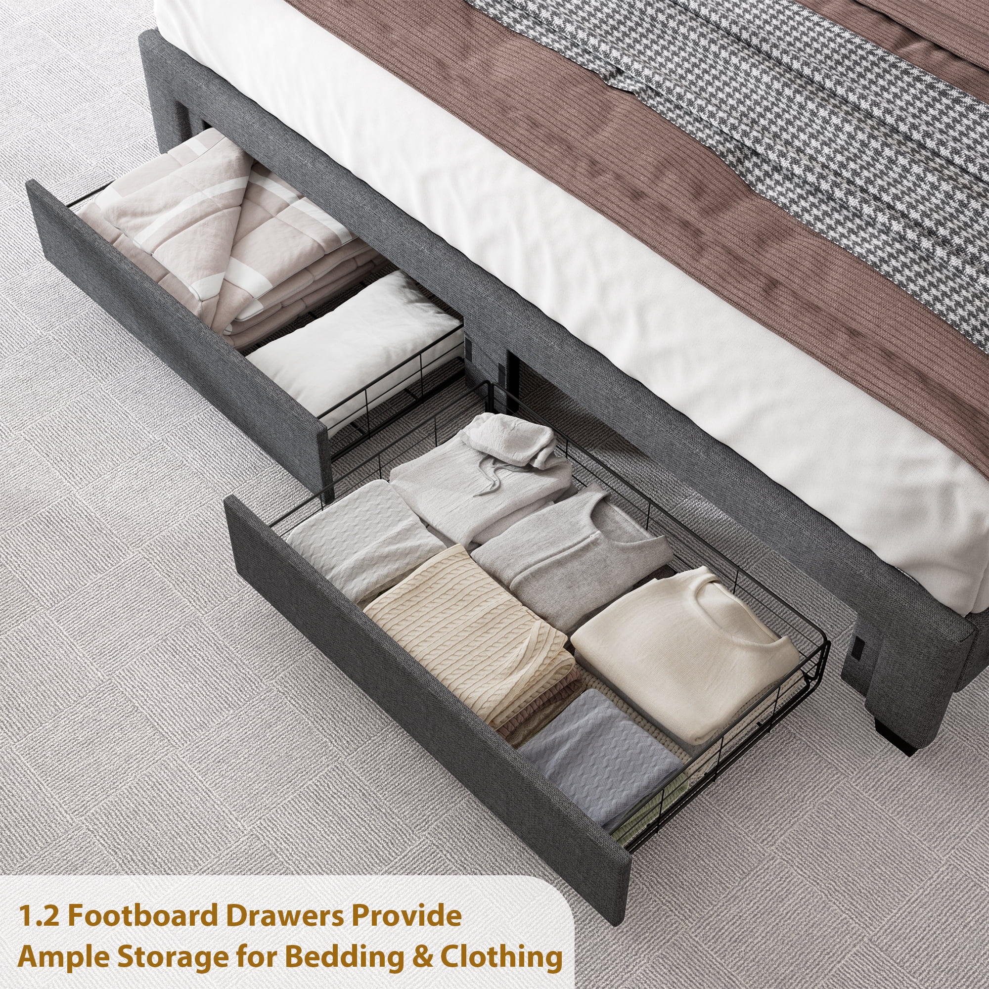 Miniyam Queen Size Upholstered Bed with RGB Headboard, Drawers, USB Ports, Type-C for Adult, Gray
