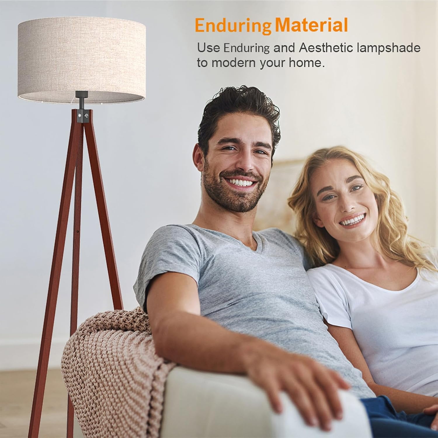 LEPOWER Wood Tripod Floor Lamp, Mid Century Standing Lamp, Modern Design Floor Light for Living Room, Bedroom and Office, Flaxen Lamp Shade with E26 Lamp Base Brown