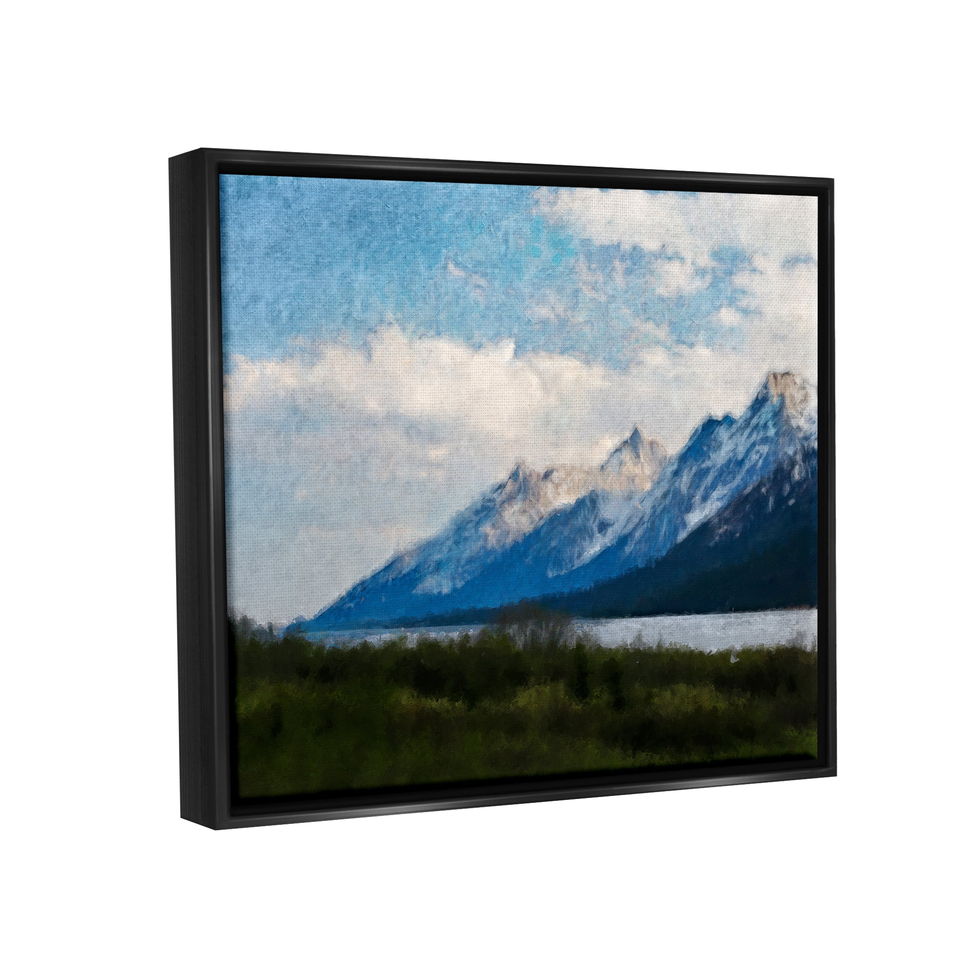 Stupell Industries Mountain & River Landscape Landscape Painting Black Floater Framed Canvas Art Print Wall Art, 31 x 25